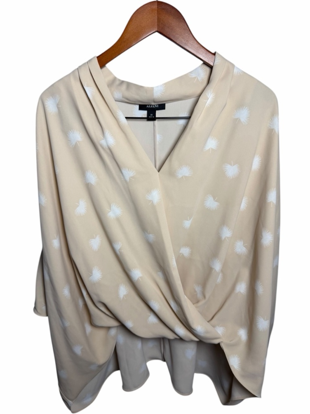 Alfani Beige Blouse with White Fan Print Twist Tie Front New
